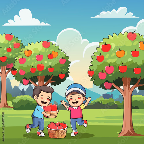 Two little boys collect apples from an apple tree in a basket. Concept of joyful careless childhood outdoors. Illustration vector