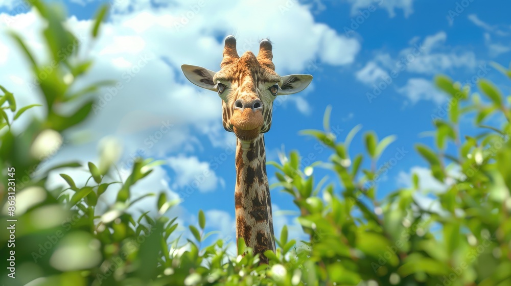 Fototapeta premium Rothschild giraffe facing forward with greenery and sky in the background Room for text