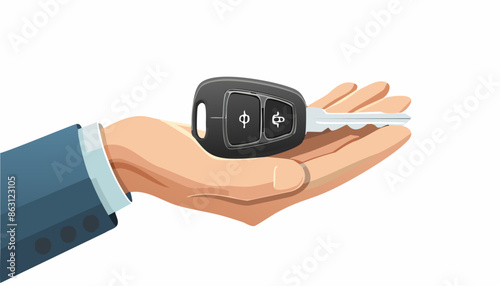 Male hand holding car key.  Concept of sale or rent a new vechicle. Vector illustration 