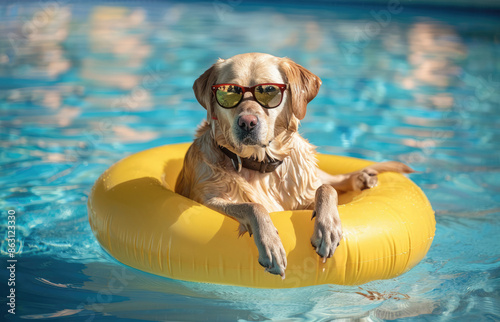 Golden labrador retriever dog in sunglasses relaxing in swimming pool on yellow floating ring. Summer holidays with pets, vacation, relaxion, resort.