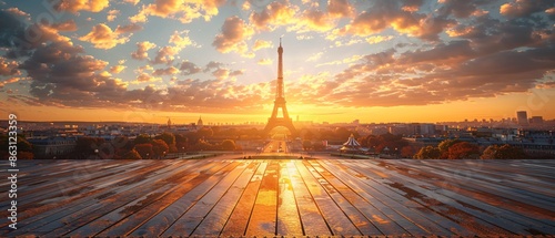 Illuminated Podium at Paris Olympic Stadium Sunset with Eiffel Tower Backdrop photo