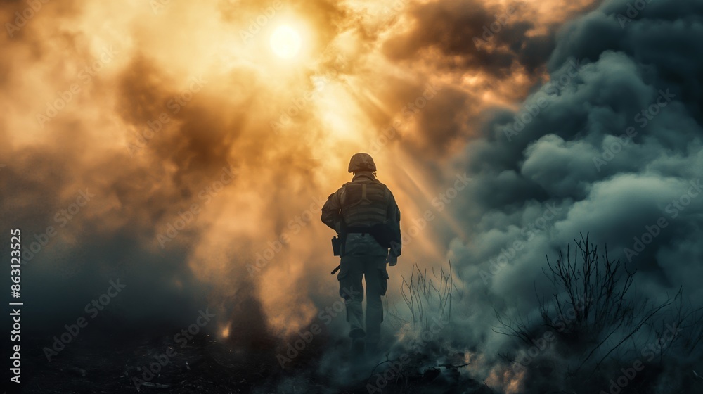 Fototapeta premium American soldier in silhouette, resolute against a backdrop of smoke and fire, gazing towards a distant light filtering through clouds