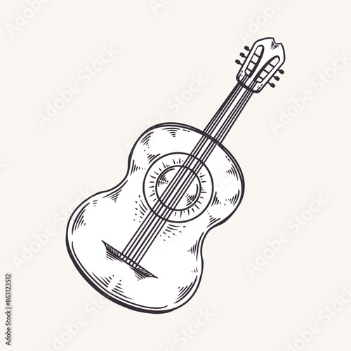 Guitarron. Vector illustration. Acoustic guitar. Musical string instrument. Mexican culture. Silhouette in cartoon, flat style. Graphics on a white background
