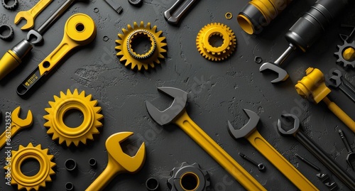 Assortment of Yellow Tools on Black Background