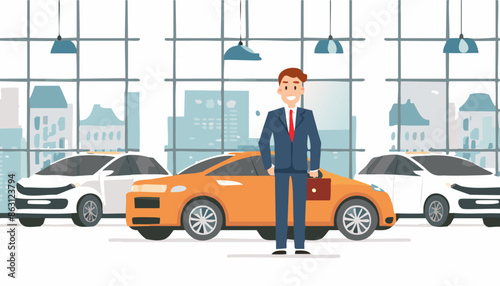 portrait of salesman near new car in showroom dealership store. Illustration vector