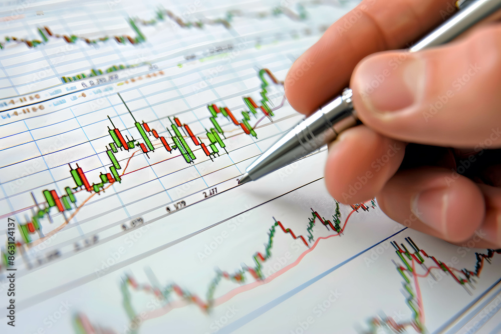 Technical analysis in stock market concept, financial data and graph analysis, hand holding a pen pointing to an upward trending stock graph Technical analysis in stock market concept, financial data and graph analysis, hand holding a pen pointing to an upward trending stock graph