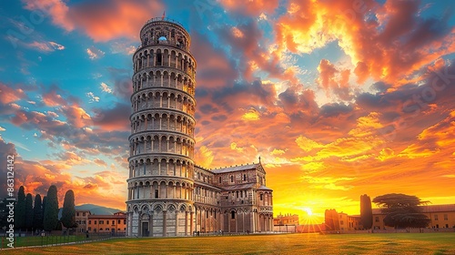 Leaning Tower of Pisa at Sunset, Italy - Sunset Splendor Illuminating Historic Italian Landmark