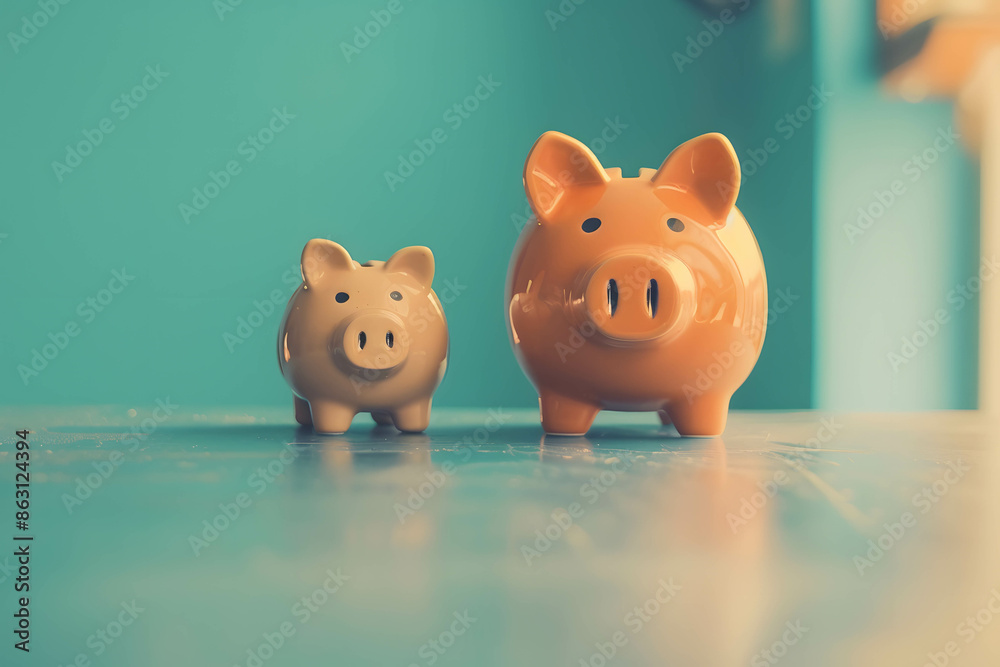 Fototapeta premium Growth and profits from business and investment concept, diversification or asset allocation in stock and fund, dividend and passive income from investment, small and big piggy bank