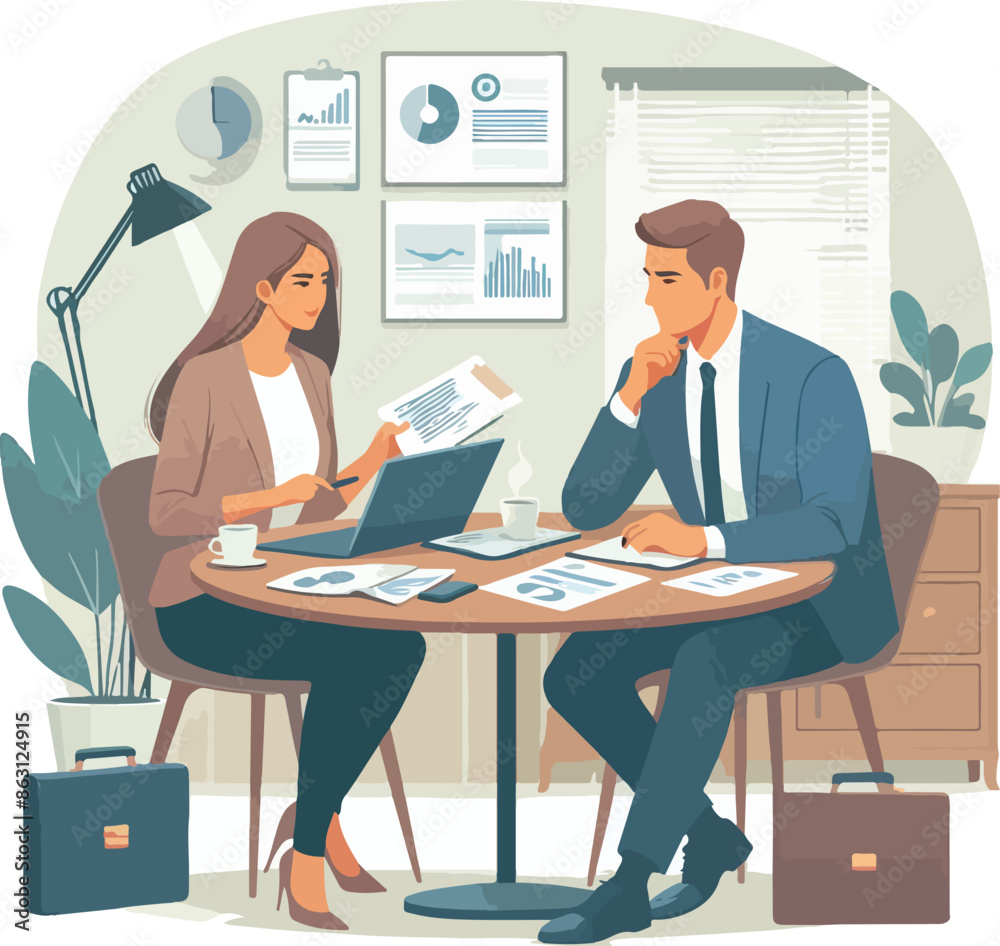Partners meeting for business discussion with documents and laptop on desk. Couple at round table, speaking, discussing work, partnership. Flat vector illustration isolated on white background Partners meeting for business discussion with documents and laptop on desk. Couple at round table, speaking, discussing work, partnership. Flat vector illustration isolated on white background