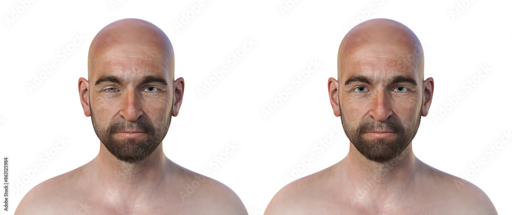 A man with Horner syndrome, 3D illustration