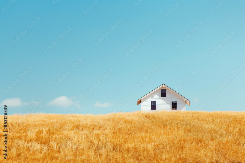 lonely country house in a wheat field with blue sky lonely country house in a wheat field with blue sky