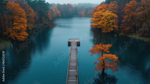 This image captures a picturesque autumn scene featuring a wooden pier stretching into a calm lake surrounded by vibrant fall foliage, evoking tranquility and natural beauty. photo