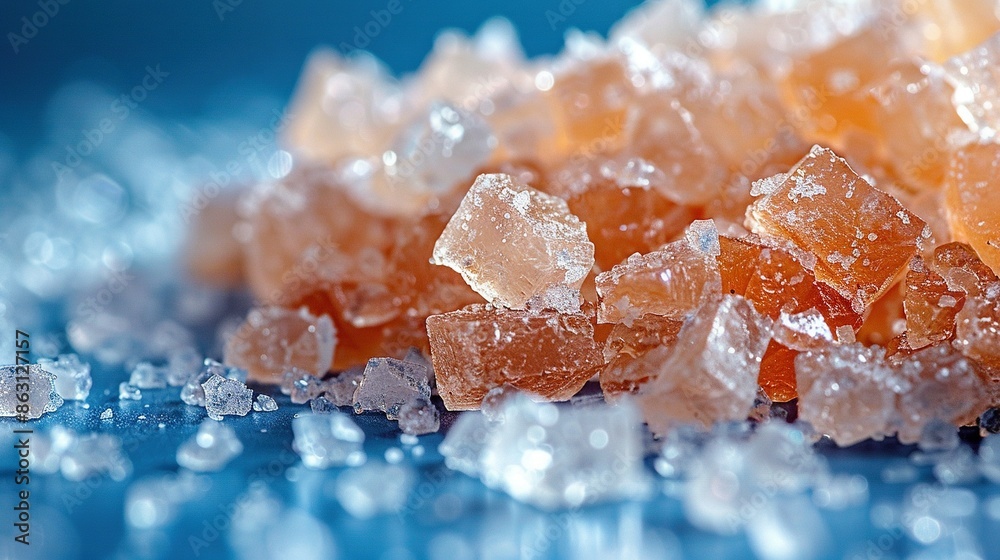   A blue countertop is home to piles of sugar crystals in white and orange hues