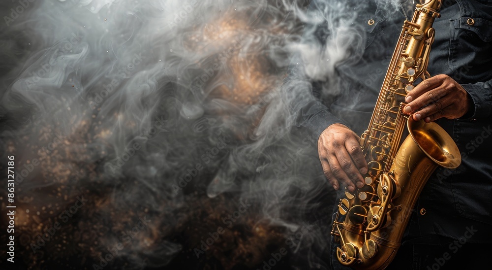 Obraz premium Musician Playing Saxophone in Smoky Atmosphere
