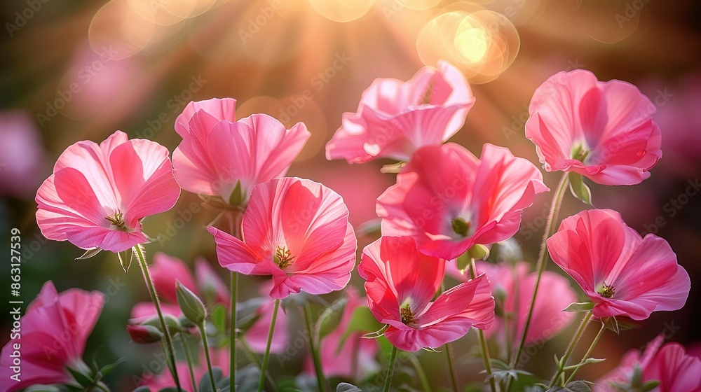 A field of bright pink flowers thriving under the sun's rays filtering through the tree canopy above A field of bright pink flowers thriving under the sun's rays filtering through the tree canopy above