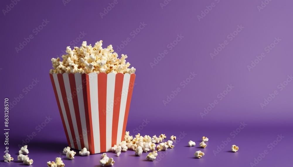 A box of popcorn on left side of the composition on a purple background, banner space for text on the canvas A box of popcorn on left side of the composition on a purple background, banner space for text on the canvas