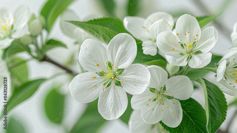 A close-up of white flowers with green leaves on a branch against a white wall background A close-up of white flowers with green leaves on a branch against a white wall background