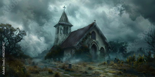 A nightmarish old church in a cemetery