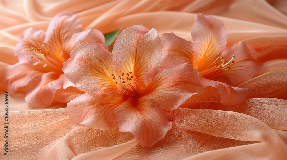 Two pink flowers on a pink satin table cloth with a green vase in a close-up Two pink flowers on a pink satin table cloth with a green vase in a close-up
