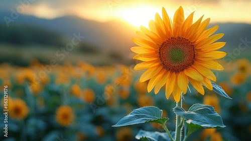   A sunflower amidst a sea of sunflowers, bathed in sunlight filtering through the clouded sky © Nadia