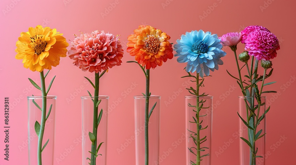   Pink background with vibrant flowers in vases