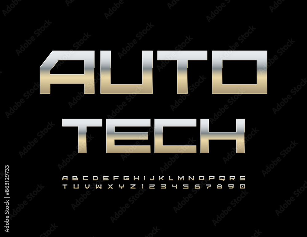 Vector metallic logo Auto Tech. Unique Silver Font. Trendy Steel Alphabet Letters and Numbers set. Vector metallic logo Auto Tech. Unique Silver Font. Trendy Steel Alphabet Letters and Numbers set.