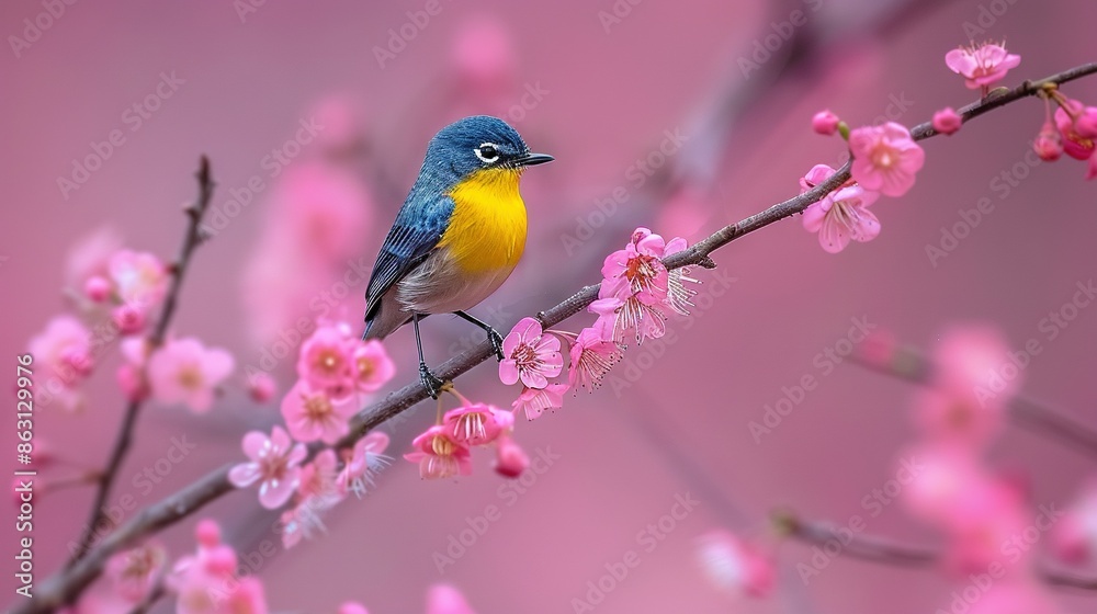 Blue and yellow bird on branch with pink flowers against pink backdrop Blue and yellow bird on branch with pink flowers against pink backdrop