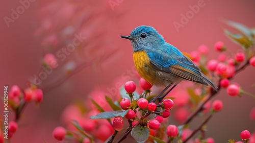  Blue and yellow bird perched on branch, surrounded by red berries against pink backdrop