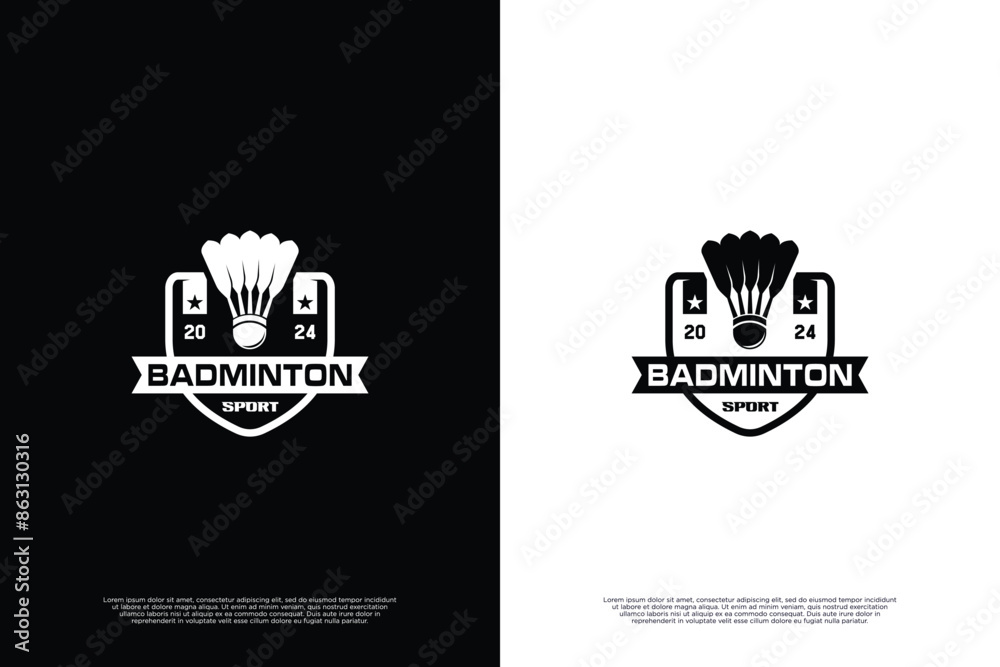Fototapeta premium Badminton logo design with shield emblem shape