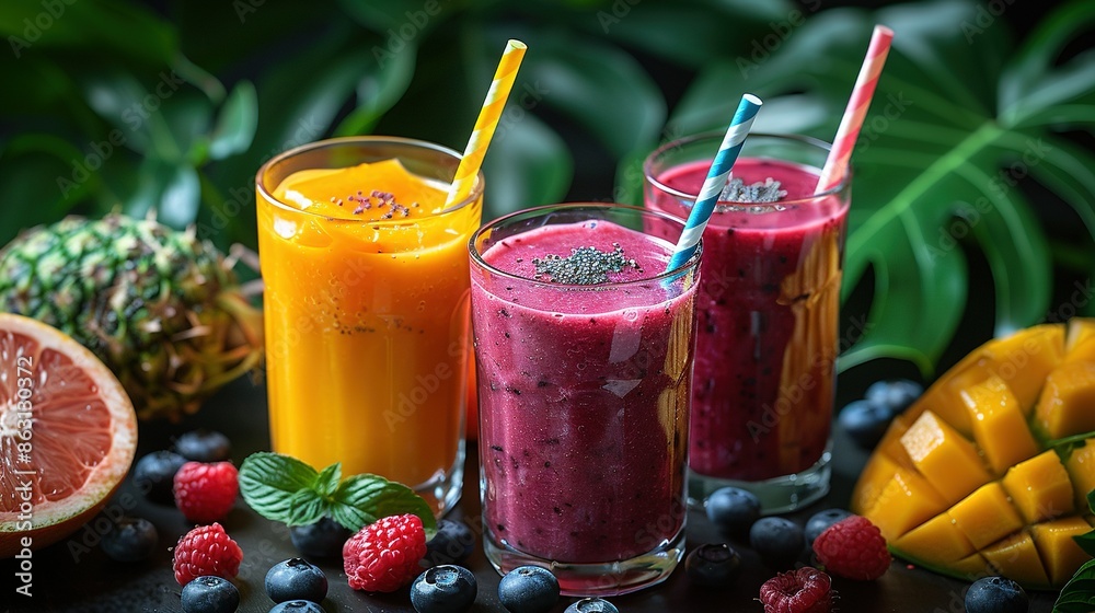Three glasses of fruit and a pineapple beside two pineapples and a grapefruit Three glasses of fruit and a pineapple beside two pineapples and a grapefruit