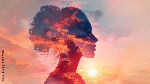 Breathtaking double exposure of a divine,ethereal goddess and a vibrant,colorful sunset landscape,symbolizing faith,beauty,and the contemplative,spiritual connection between heaven and earth.