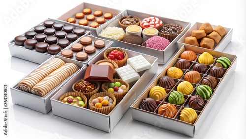 an assortment of chocolates and sweets neatly arranged in a box with compartments © arri