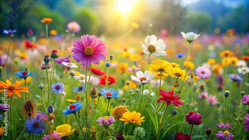 Meadow filled with bright flowers evoking a retro charm, retro, meadow, flowers, bright, colorful, nature, outdoors