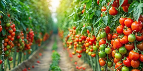 Vibrant plantation of ripe tomato bushes with aromatic fruits, tomatoes, plantation, garden, agriculture, red, ripe, fresh