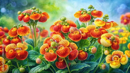 Floral watercolor oil painting of vibrant calceolaria flowers in a garden setting, calceolaria, flowers, floral photo