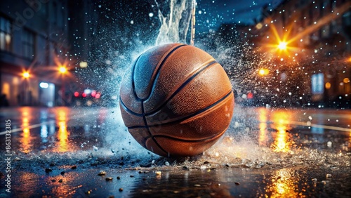 Dynamic exploding basketball with sparks on rainy street at night, basketball, exploding, sparks, rainy, street, night, dynamic