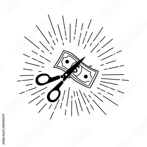cut money with scissor hand drawn sketch with sunburst