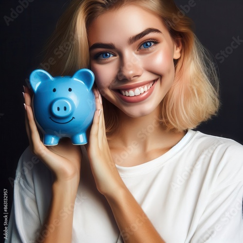 A young woman with blonde hair and a bright smile holds a blue piggy bank in front of a dark background