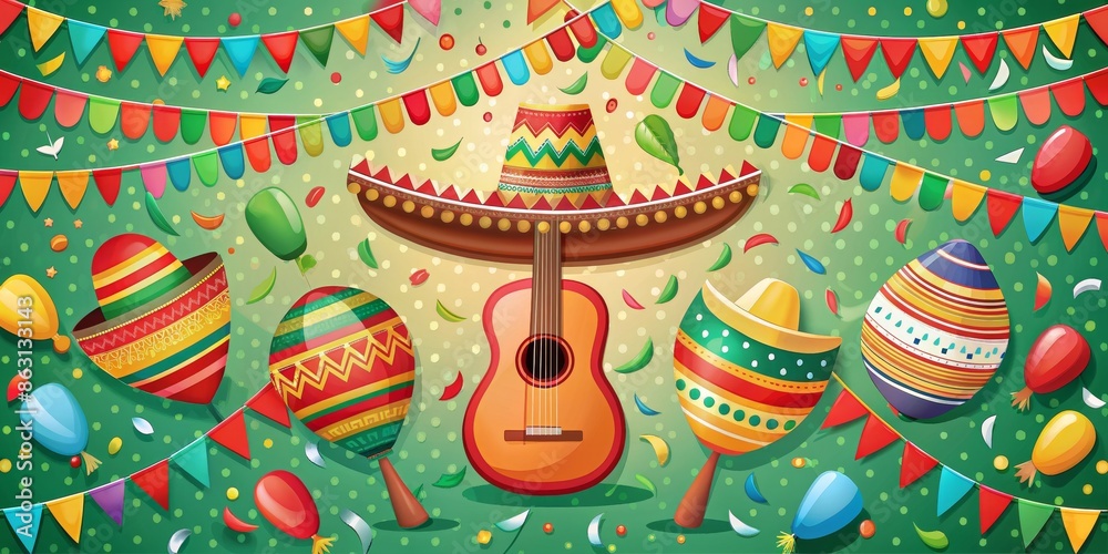 Obraz premium Colorful Fiesta Illustration with Sombrero, Guitar, Maracas, and Decorations