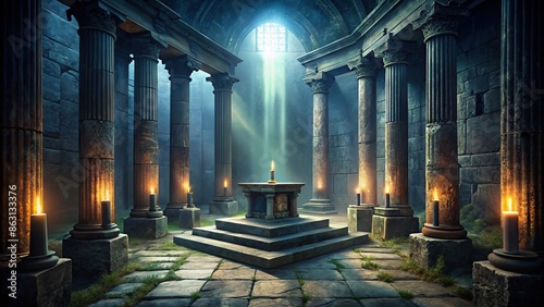 Dark stone altar in ancient ruin surrounded by columns, mysterious atmosphere , altar, stone, dark photo