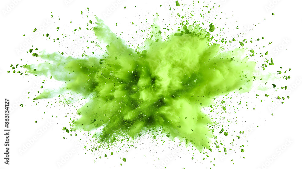 Abstract image of a vibrant green powder burst against a white background, creating a dynamic and energetic visual effect. Abstract image of a vibrant green powder burst against a white background, creating a dynamic and energetic visual effect.