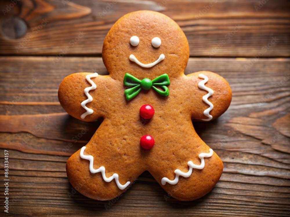 Christmas composition with gingerbread cookie on wooden background. Homemade Cookie with icing cookies. gingerbread man with a smile and a green bow tie
Christmas composition with gingerbread cookie on wooden background. Homemade Cookie with icing cookies. gingerbread man with a smile and a green bow tie