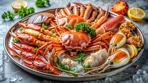 Close-up photo of assorted shellfish including king crab, snow crab, and lobster on a platter, king crab, snow crab photo