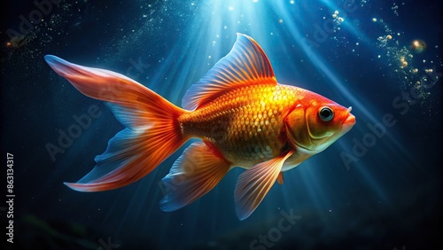A vibrant goldfish swimming gracefully amidst the dark depths of the ocean , Goldfish, ocean © wasana