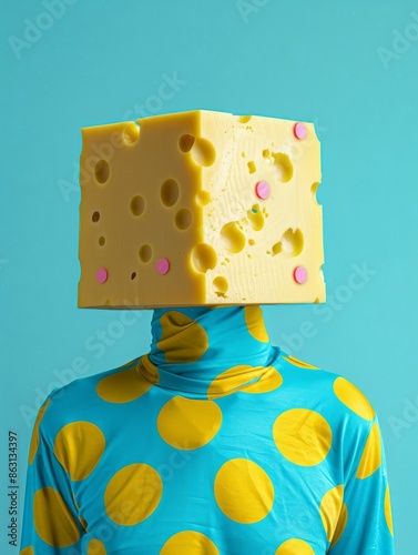 A person with cheese covering their head, wearing blue and yellow polka dot . The background is solid light blue, creating an atmosphere of coolness