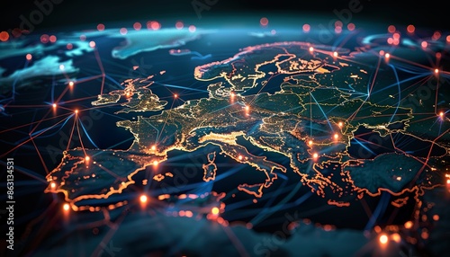 Digital map of Western Europe, North Africa, and Middle East concept, abstract world network and connectivity, business data transfer and cyber technology, information exchange and telecommunication. photo