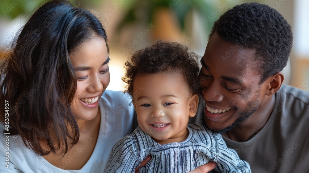 Multiracial family of three, an African American man, an Asian woman and a baby, smile and hug each other. Defocused background. 2024CFCFamily Multiracial family of three, an African American man, an Asian woman and a baby, smile and hug each other. Defocused background. 2024CFCFamily
