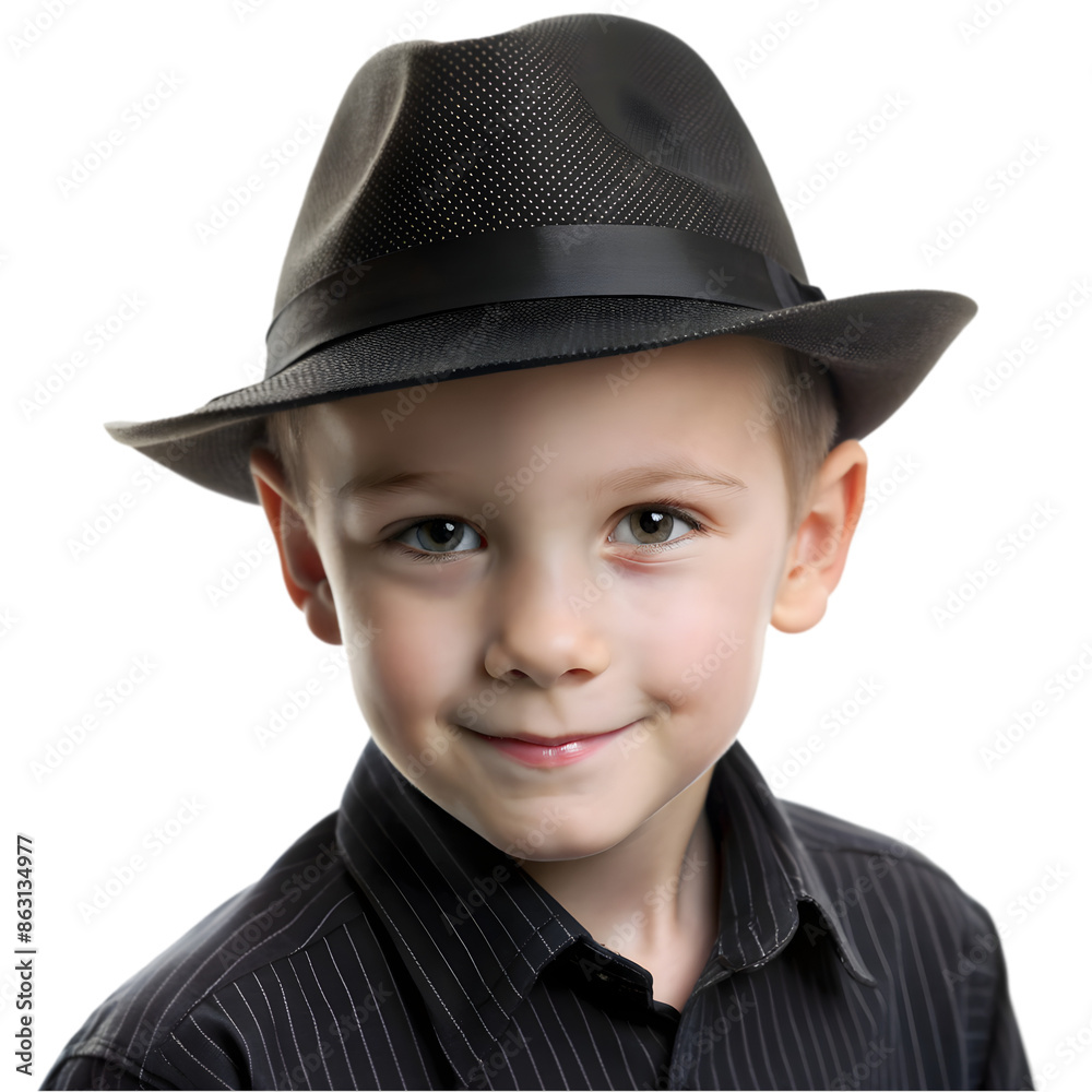 Young boy wearing a black fedora Isolated on white background Young boy wearing a black fedora Isolated on white background