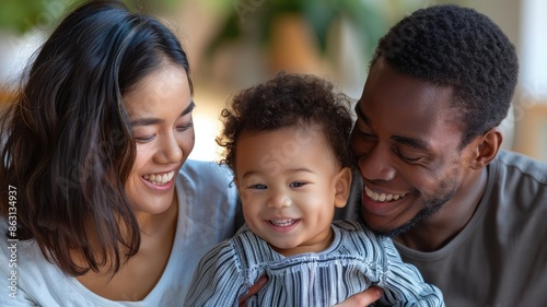 Multiracial family of three, an African American man, an Asian woman and a baby, smile and hug each other. Defocused background. 2024CFCFamily