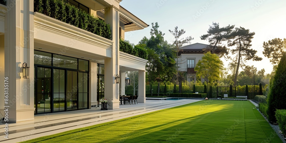 Modern backyard with lush garden, patio seating, and sunlit lawn next to a stylish house Modern backyard with lush garden, patio seating, and sunlit lawn next to a stylish house